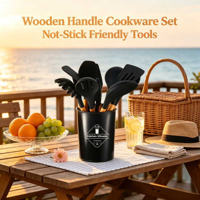 Kitchen Gadgets Set - Black Silicone Kitchen Tools 12Pcs Wooden